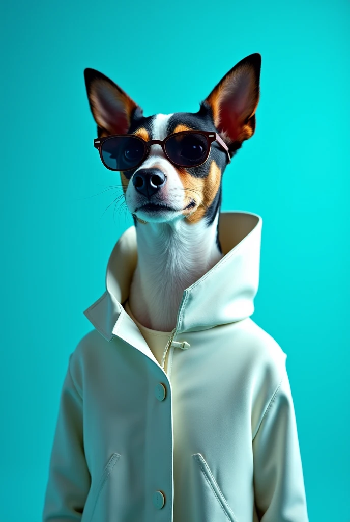 The best cell phone wallpaper, Award-Winning Wallpaper, portrait photography, In the front view is a portrait of a cute dog wearing mid-1960s space age fashion, Side view photo, Shot with Canon EOS R5, Set a strong contrast that accentuates the subject, Fluorescent blue tone, Wearing a very modern coat and sunglasses is a modern 1960s style, Clothes all in one color, beautiful background