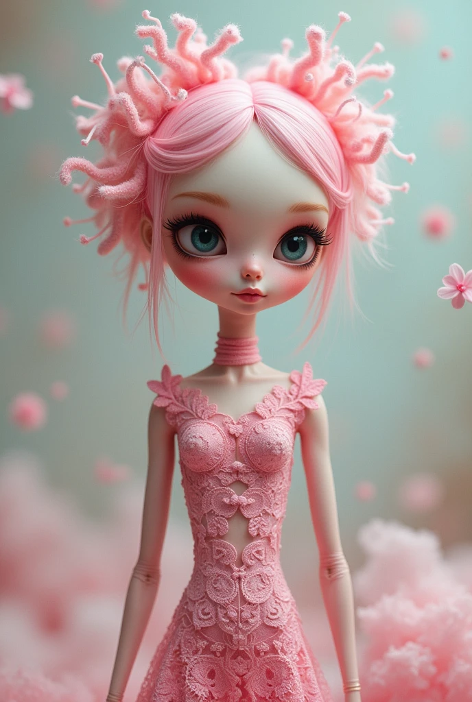 A pink female doll with very long arms and legs
