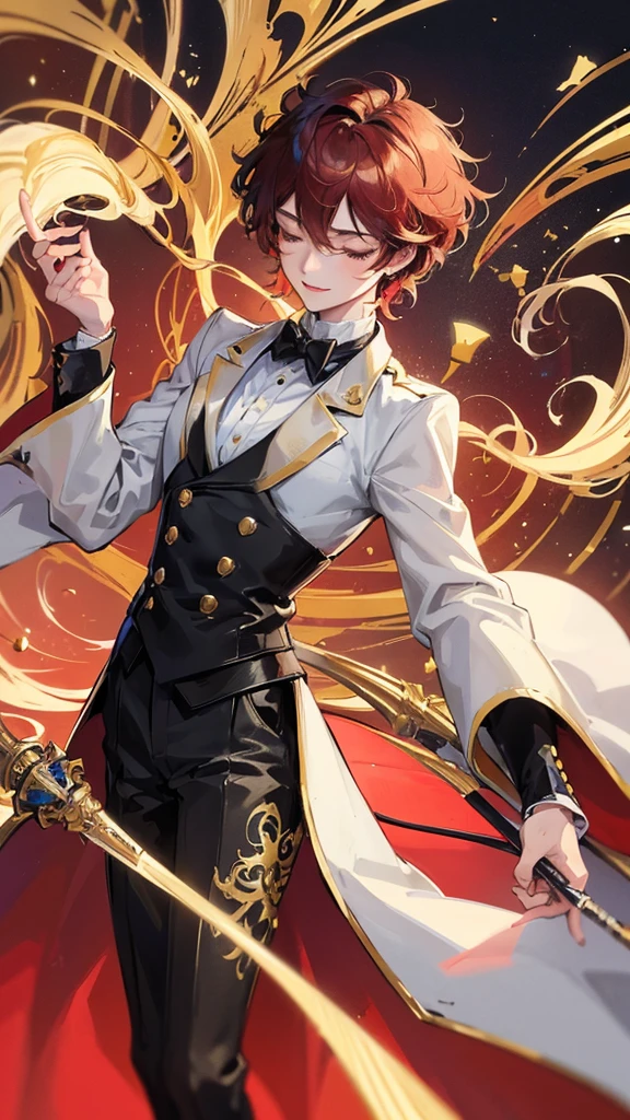 1 boy, anime, futuristic setting, elegant, fancy, tuxedo, high quality, intricate details, cat ears, short hair, closed eyes, messy hair, fluffy hair, butler outfit, lucky cat aesthetic, red collar, golden bell, red eyeshadow, serene smile, rolled up sleeves, cat tail, rapier