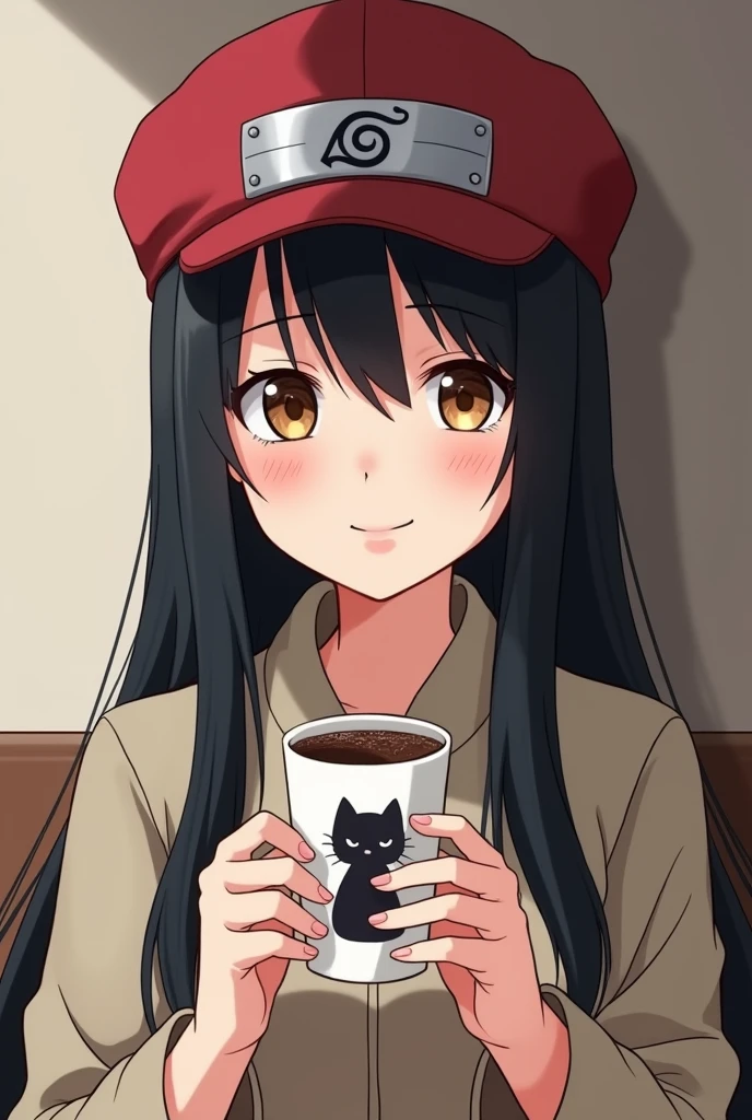 a photo of an adult with a pleasant aura a nice smile without wrinkles white color , long straight black hair , Brown eyes, pretty and happy with nice looking clothes, The girl has a cup of coffee with a kitten print and an Itachi Uchiha cap.