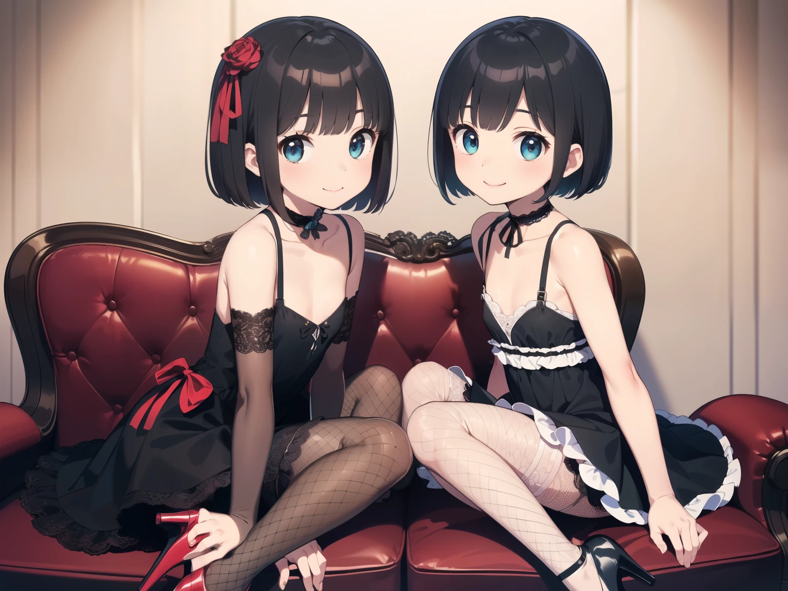 masterpiece, Highest quality, Full body portrait from head to toe、Cute little twin girls、Two girls sitting apart、、((Black Hair、Bob Hair))、Grey Eyes、((((A gorgeous and sexy dress with frills, lace and ribbons,choker、Fishnet tights、High heels))))、Tight clothing size、((((Small breasts、Flat Chest))))、Slender body、Open your mouth,((Sitting cutely on the sofa facing forward、Sit with space between each other)),((Luxurious lounge))、((((smile)))),((Favorability))、((((Detailed facial depiction,Beautiful Eyes))))、cute pose、((symmetry))