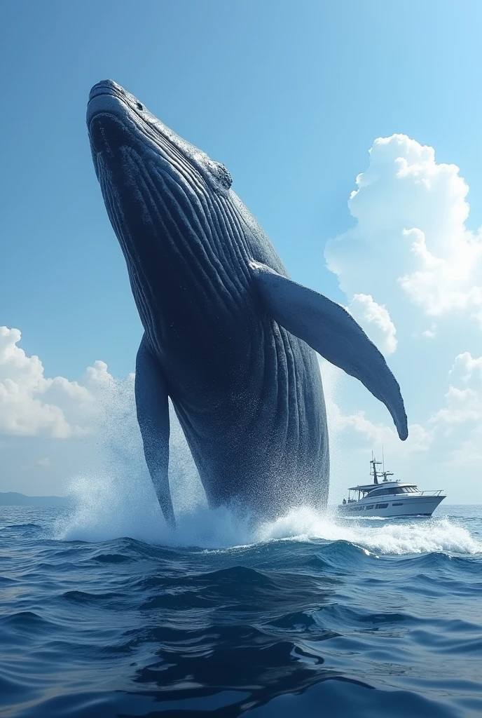 Create a realistic high-resolution image of a giant blue whale breaching out of the water next to a boat