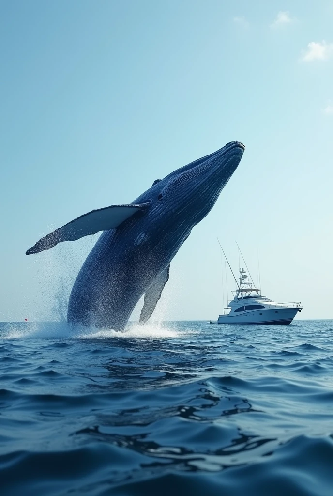 Create a realistic high-resolution image of a giant blue whale breaching out of the water next to a boat