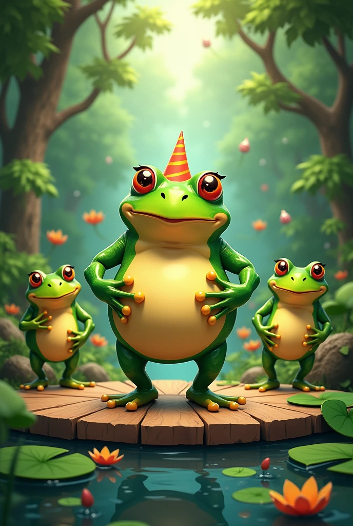 Frogs having a party with a fat frog singing on a stage