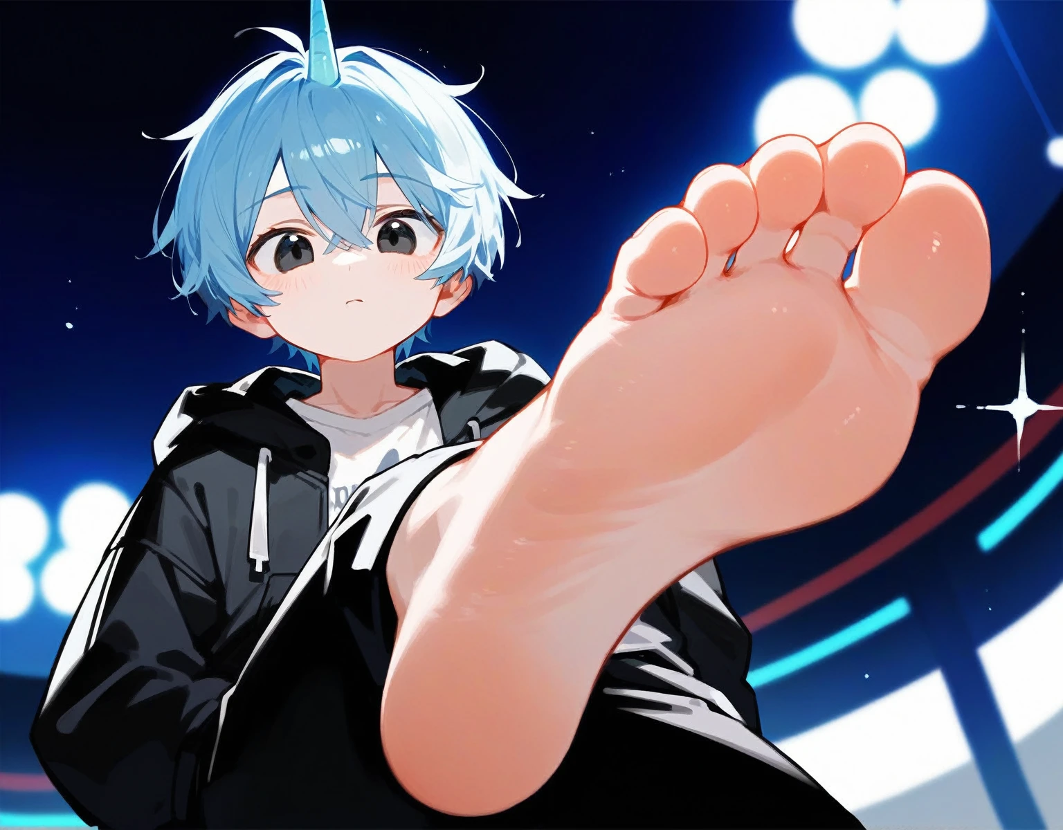 n the room，A cute boy shows his feet，Sitting on the sofa，Low Angle，Double foot stepping，barefoot, Foot Focus,White T-shirt, Black Hooded Jacket, There are bangs between the eyes,short hair,blue hair, Black pants, Anatomically correct, There is a single blue horn in the middle of the head, black eyes，Sitting on another man&#39;s belly