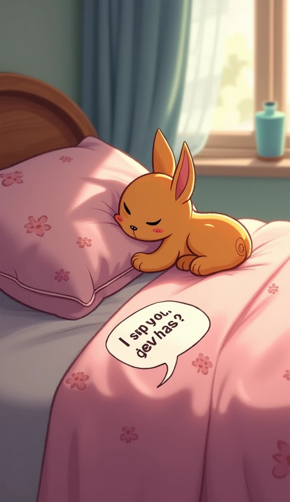 a cartoon character sleeping on a bed with a pillow on it's side and a text message below, disney, aestheticism, cute and funny, a screenshot