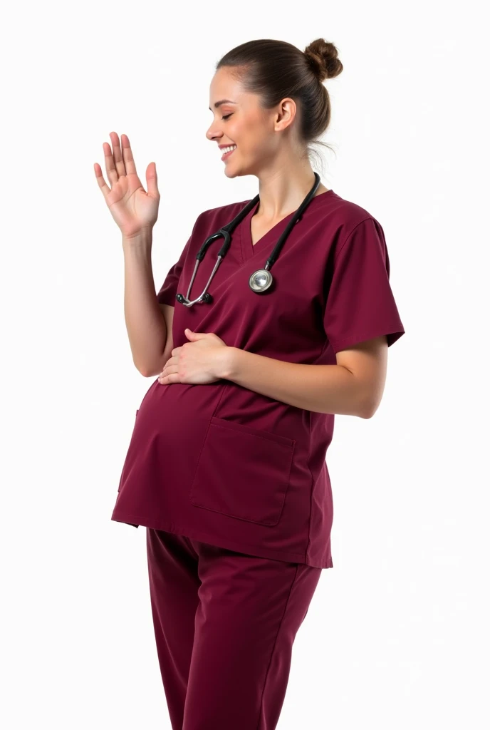 Obstetrician in a burgundy uniform with a white background without pregnancy and waving without being pregnant




