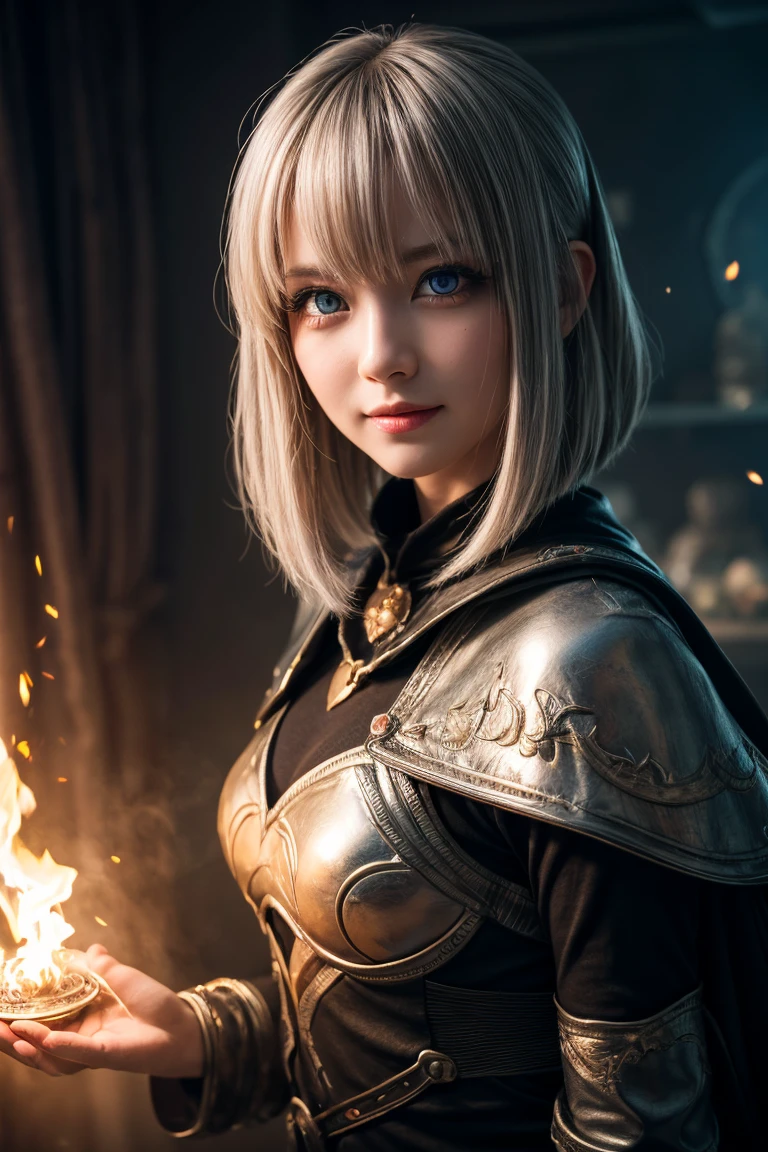 ((masterpiece)), ((best quality)), (ultra-detailed), ((extremely detailed)), ((kawaii)), cute, (lovely), 4K, (8K), best quality, (beautiful), photorealistic, fantasy world, a cute girl, solo, evil smile, mage, mage bodysuit, (casting spells), ((magical battle)), glowing staff, fierce determination, swirling energy, mystical aura, powerful magic, grey hair, short hair, ((beautiful hair)), red eyes, ((beautiful eyes)), dramatic lighting, natural light, soft shadows,