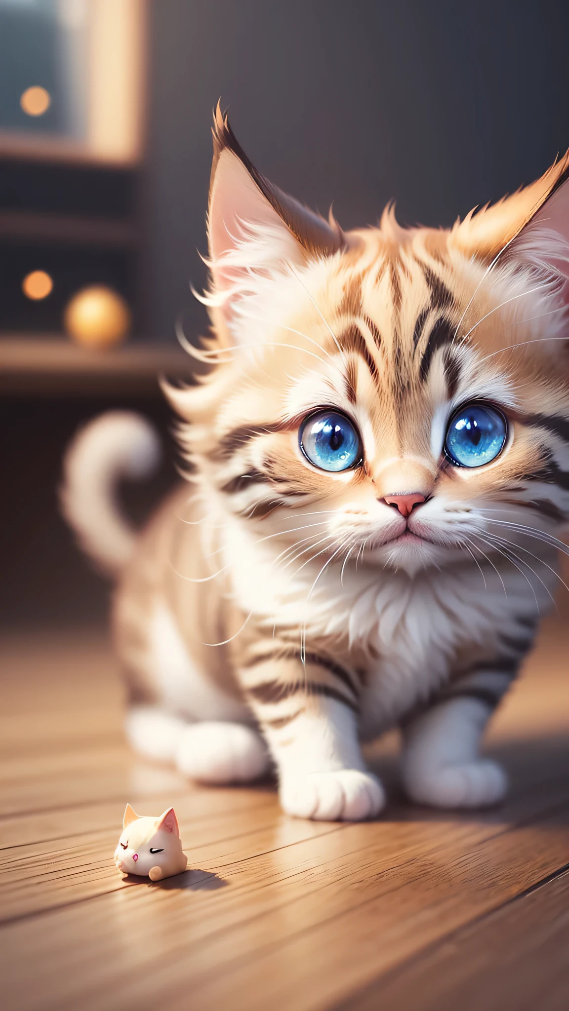 Cute little surreal cat、Munchkin、a bit、Adorable and fluffy、Cinematic Lighting Effects、Charm、very cute、Fantasy art、Bokeh、Digital Painting、Soft lighting、4K resolution、 Photorealistic Rendering、Very detailed、A realistic masterpiece、Professional photography、