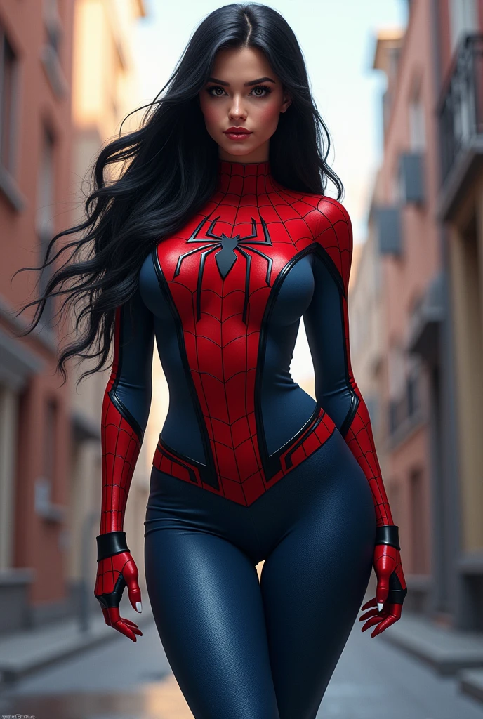 Girl in spiderman costume without mask nice body black hair thick thighs long digital art