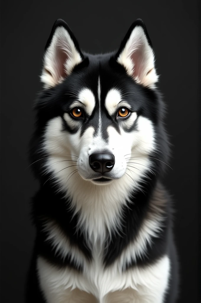 black and white Siberian husky, with dark brown eyes, half furry