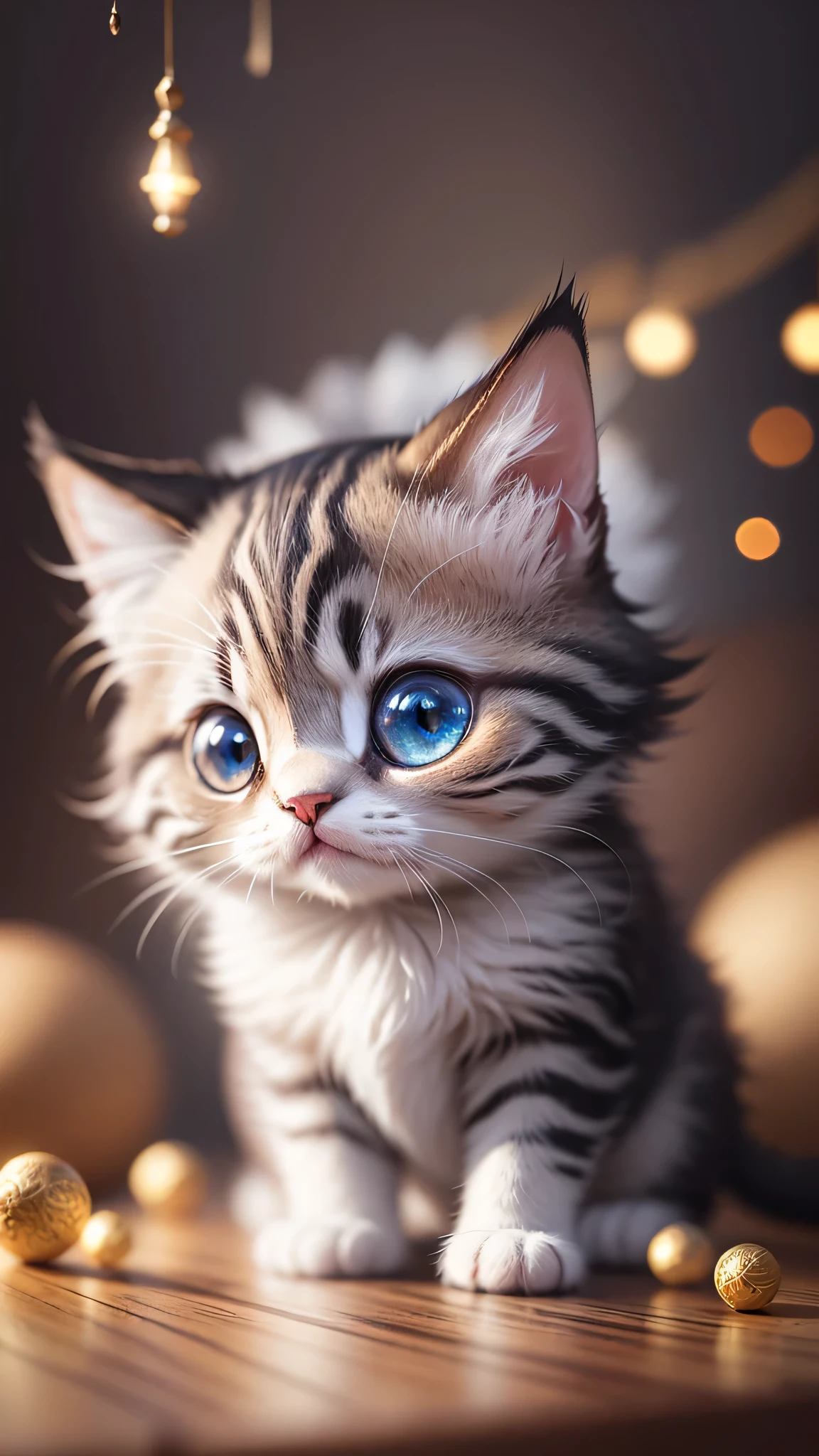 Cute little surreal cat、Munchkin、a bit、Adorable and fluffy、Cinematic Lighting Effects、Charm、very cute、Fantasy art、Bokeh、Digital Painting、Soft lighting、4K resolution、 Photorealistic Rendering、Very detailed、A realistic masterpiece、Professional photography、