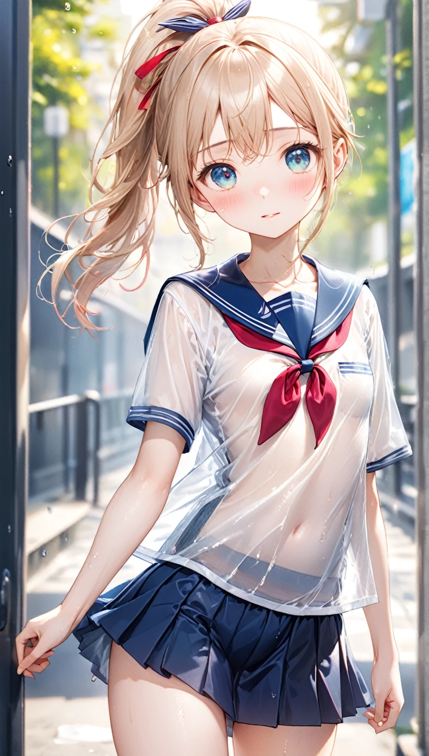 (Highest quality,8k,32K,masterpiece,Ultra-high resolution :1.2 ),born,One girl,Super cute,Natural light,Clear, shining eyes,20-year-old,Fair skin,School Road Digital World Fantasy Background,ponytail,uniform,Tank top,ribbon,mini skirt,Small breasts,See-through,Her underwear is visible,White underwear,Sailor suit,Your clothes are wet,Clothes are see-through and underwear is visible,