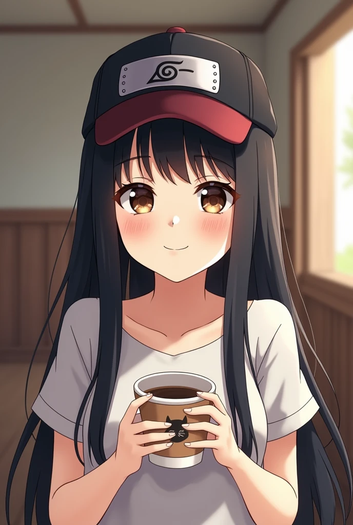 a photo of an adult real girl with a nice aura a cute smile without wrinkles white color , long straight black hair , Brown eyes, pretty and happy with nice looking clothes, The girl has a cup of coffee with a kitten print and an Itachi Uchiha cap.