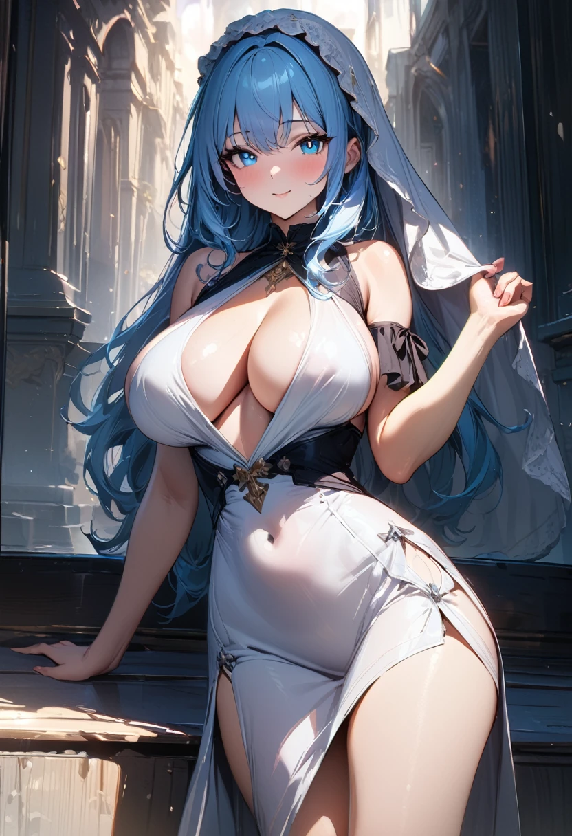 (masterpiece),(best quality),(ultra-detailed),(best illustration),(best shadow),(absurdres),(detailed background),(very aesthetic), chies,one-girl,long light blue hair,Blue pupils,white_veil,Split Sister Dress, white dress, ssmile,Half open eyeeautiful skins,Glowing skin,(Big_chest),moody light,and the sun was shining brightly,8k,hyper-detailing,tmasterpiece, ((big tits))