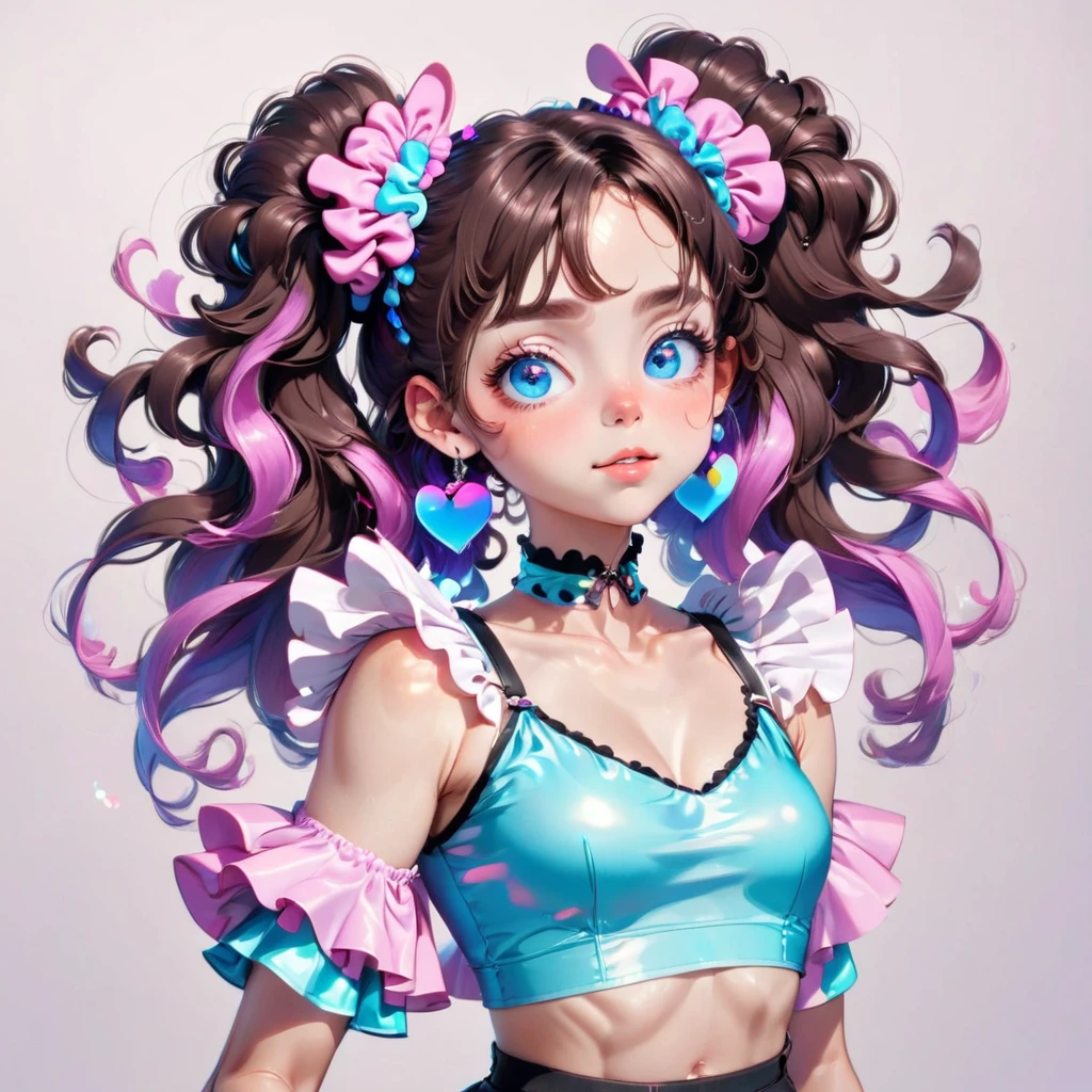 A teal-blue eyed girl. dark-purple twin buns.White twin Srunchies with Pink trimmings.  round twin buns.Long curly strands of hair by her neck and sides of each ears. Wearing a detached, ruffles vermillon sleeves,  a white tank top with pink hearts coverings, leather  dark brown chocker with spheres radiating blue energy swirls around her