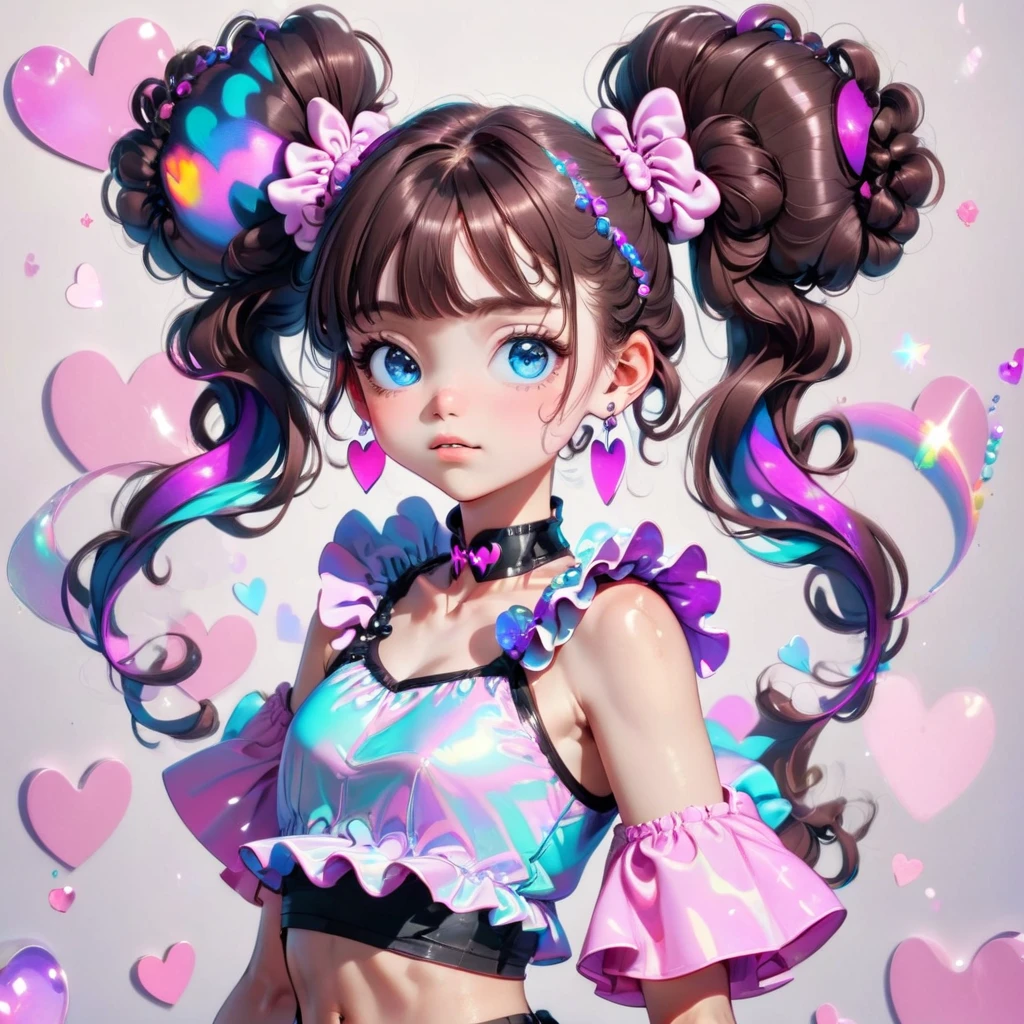 A teal-blue eyed girl. dark-purple twin buns.White twin Srunchies with Pink trimmings.  round twin buns.Long curly strands of hair by her neck and sides of each ears. Wearing a detached, ruffles vermillon sleeves,  a white tank top with pink hearts coverings, leather  dark brown chocker with spheres radiating blue energy swirls around her