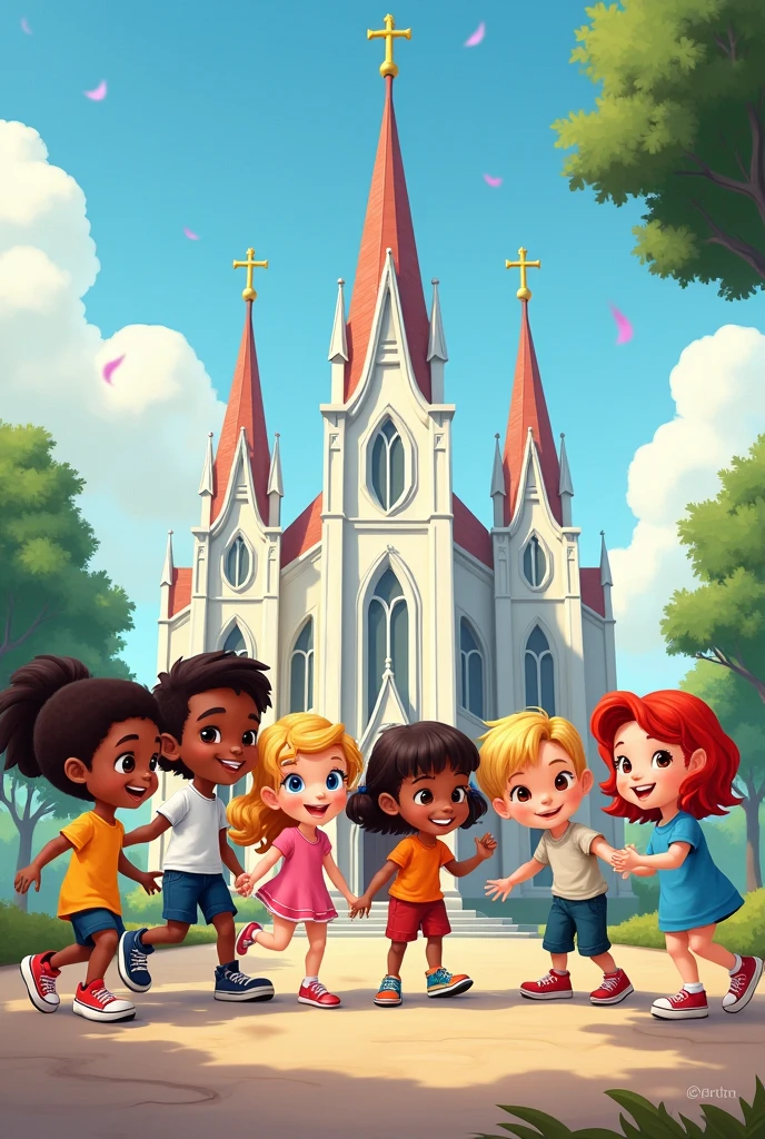 children, black, white, blondes, dark-skinned, redhead in front of The Church of Jesus Christ of Latter-day Saints playing in Disney cartoon format