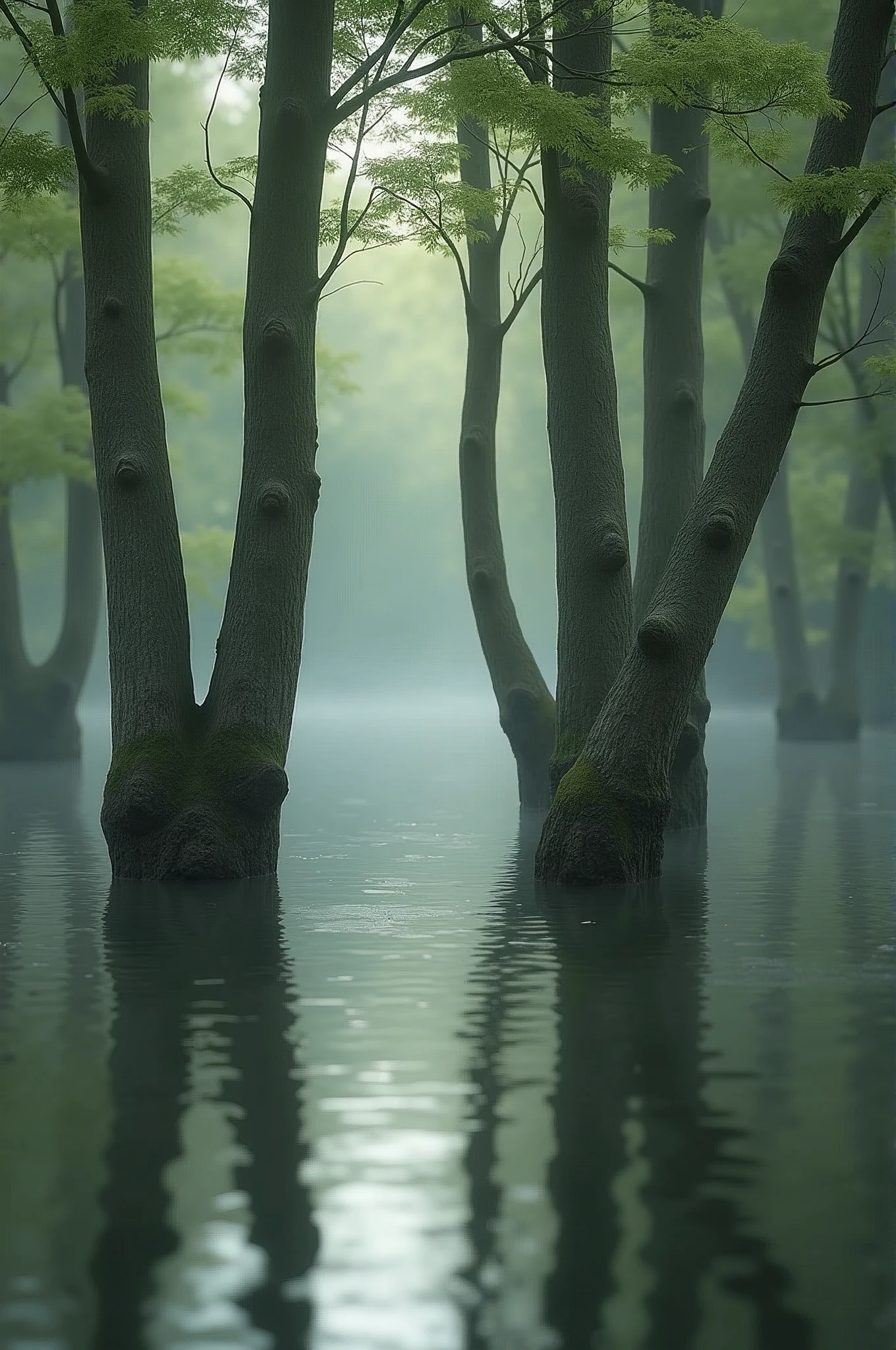 Water covering the base of several trees