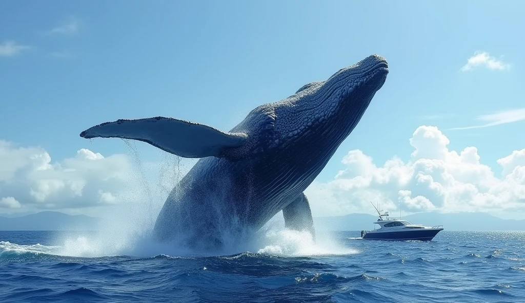 Create a realistic high-resolution image of a giant blue whale breaching out of the water next to a boat