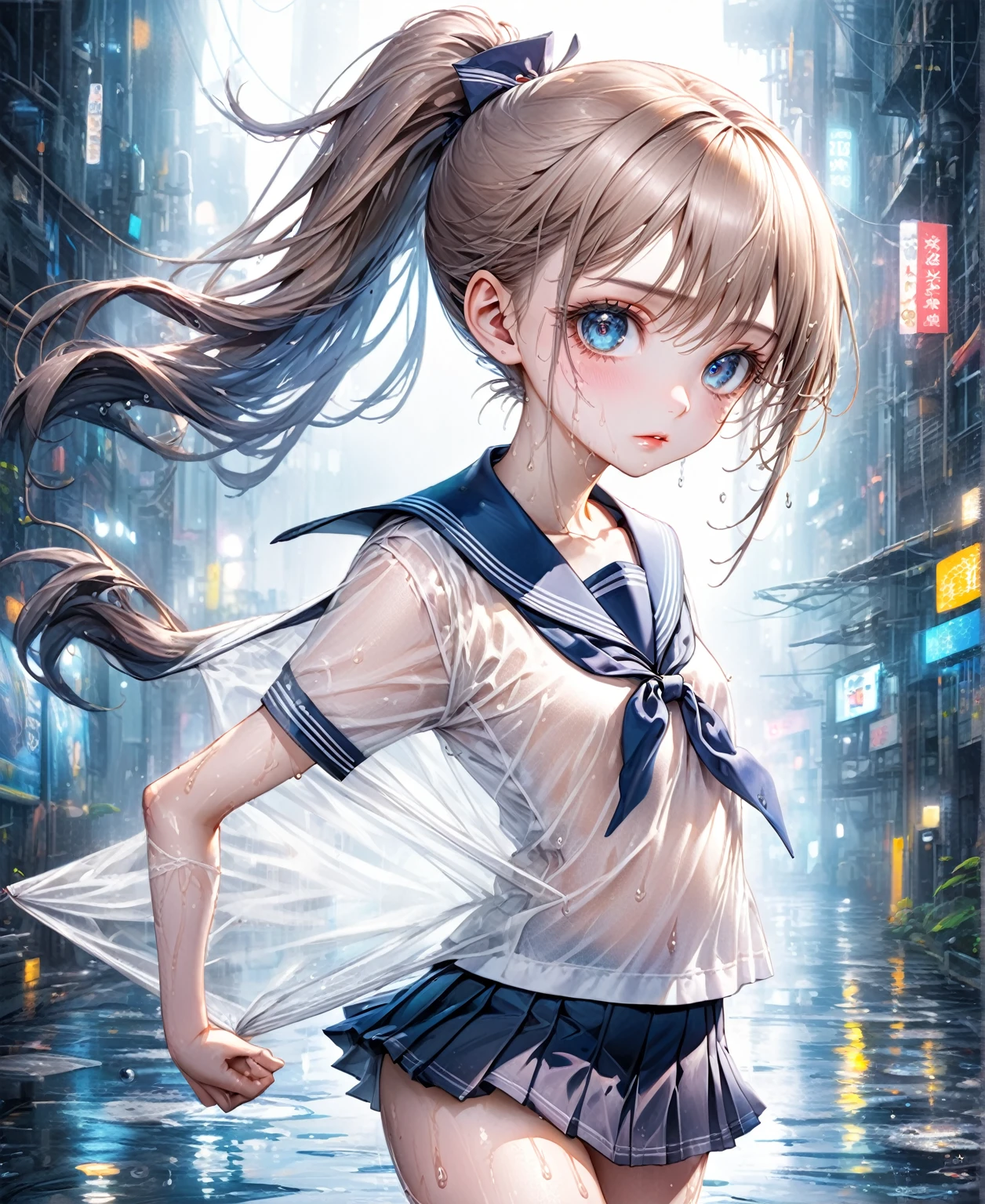 a beautiful young girl, 1 girl, extremely detailed eyes and face, long eyelashes, beautiful detailed eyes, beautiful detailed lips, detailed facial features, fair skin, ponytail, schoolgirl uniform, tank top, ribbon, miniskirt, small breasts, sheer, white underwear visible, wet clothes, see-through clothes, sailor uniform, fantasy cyberpunk background, natural lighting, radiant, masterpiece, 8k, 32k, best quality, realistic, photorealistic