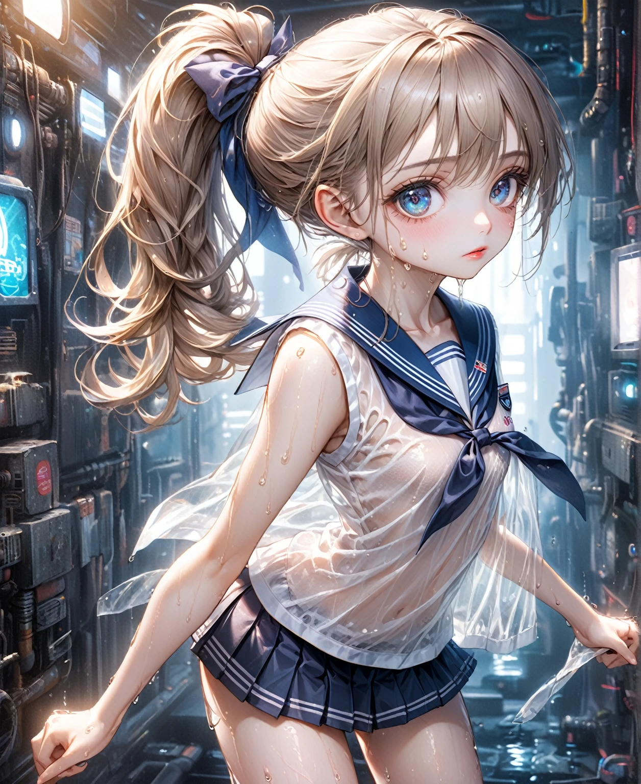 a beautiful young girl, 1 girl, extremely detailed eyes and face, long eyelashes, beautiful detailed eyes, beautiful detailed lips, detailed facial features, fair skin, ponytail, schoolgirl uniform, tank top, ribbon, miniskirt, small breasts, sheer, white underwear visible, wet clothes, see-through clothes, sailor uniform, fantasy cyberpunk background, natural lighting, radiant, masterpiece, 8k, 32k, best quality, realistic, photorealistic