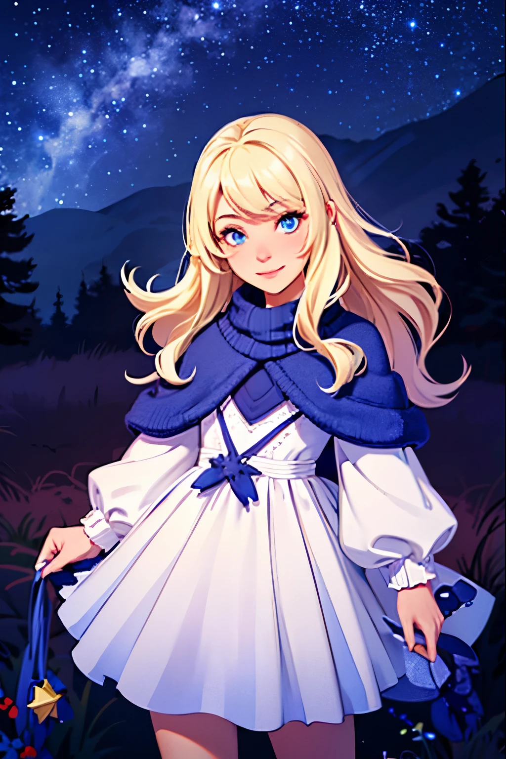 hills night sky. winter, winter colors, winter landscape, sky with stars, sky colors prussian blue cobalt blue purple cyan. planets, bright stars, shooting stars, windblown treetops moved by the wind, thre beautiful blonde girl in winter clothes observes the starry sky with a dreamy look.