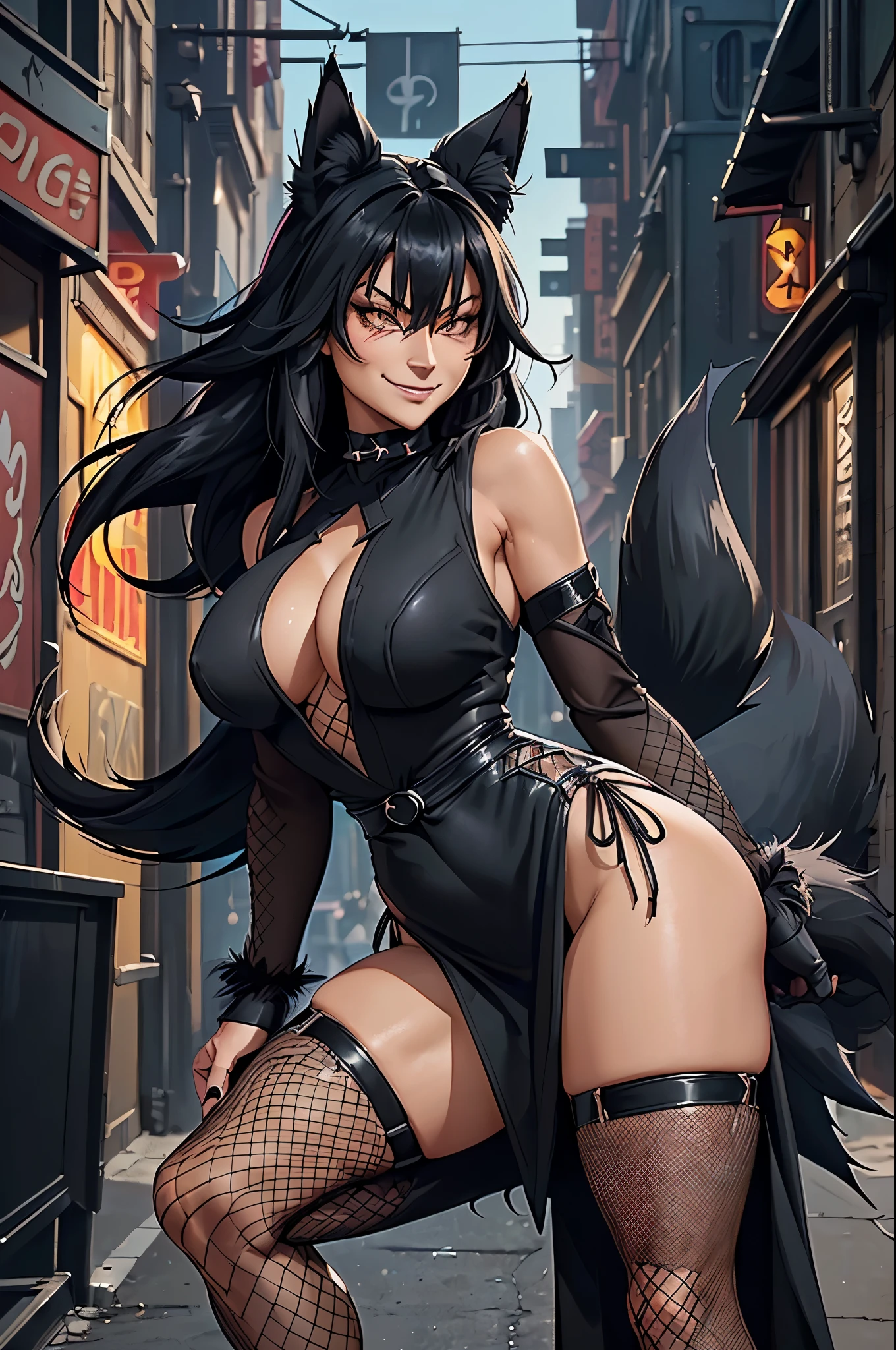 Realistic, Anime character , anthro, ((in western style)), (((black fox woman, black dress, slit dress, thigh, fishnet legs, black hair, old street background, superior, smirking, hooligan, huge bushy tail)))