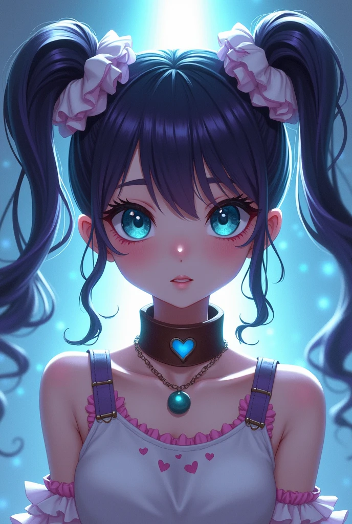 A teal-blue eyed girl. dark-purple twin buns.White twin Srunchies with Pink trimmings. round twin buns.Long curly strands of hair by her neck and sides of each ears. Wearing a detached, ruffles vermillon sleeves, a white tank top with pink hearts coverings, leather dark brown chocker with spheres radiating blue energy swirls around her