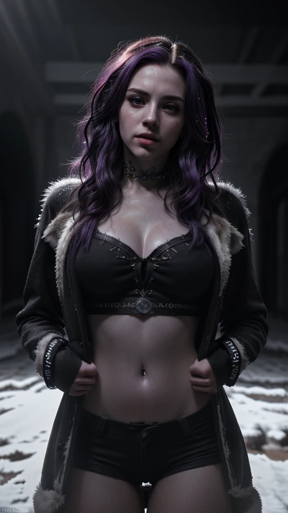 A beautiful young punk girl with incredible long purple hair and unmatched appearance, wearing winter clothes, portrait, ultra-realistic, extremely detailed, photo-realistic, award-winning, luminous skin, dramatic lighting, dramatic pose, dynamic composition, intricate details, vivid colors, cinematic lighting, volumetric lighting, HDR, 8K, best quality