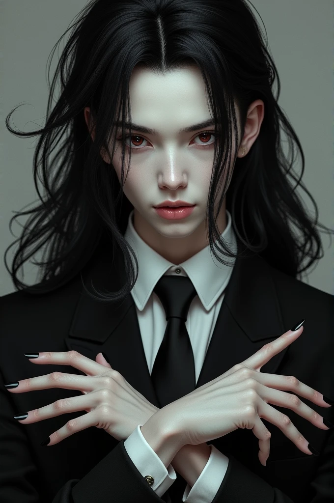 tall, handsome adult with black hair, reddish brown eyes, pale skin, and black fingernails.