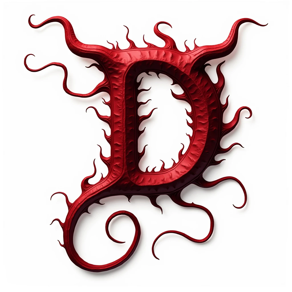 a sexual striking red letter D with inccubus horns and a tail, creating an impression of sexuality and power. White background. High-resolution.