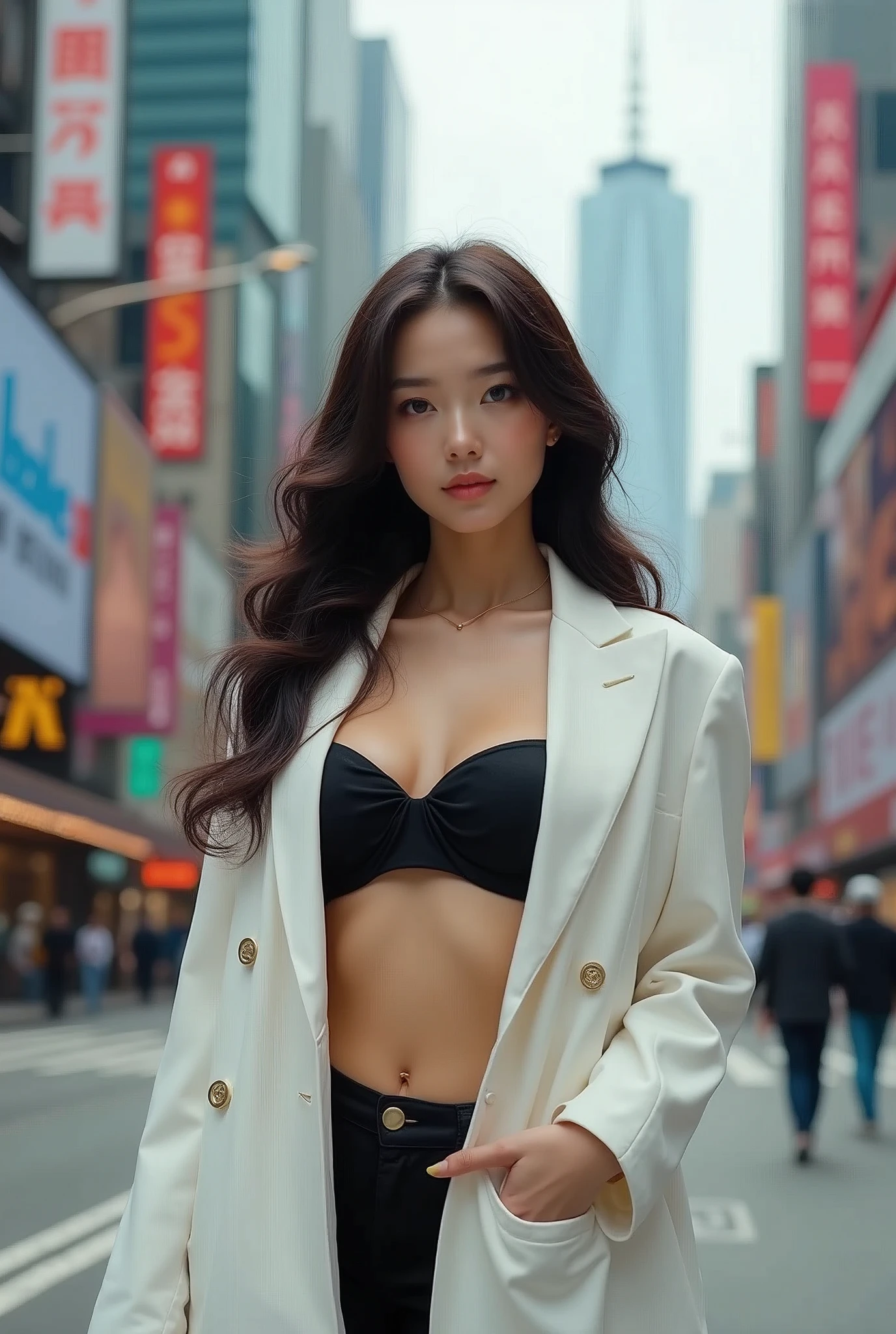a busty woman in a white coat and black bra top on a city street, beautiful south korean woman, gorgeous young korean woman, beautiful young korean woman, gorgeous chinese model, korean girl, korean woman, beautiful asian girl, korean women's fashion model, beautiful asian woman, chinese girl, an asian woman, japanese model, a young asian woman, young asian girl