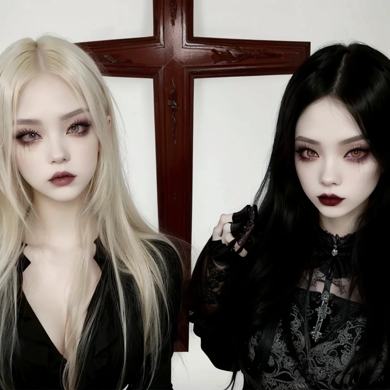 Two women with long hair and makeup posing for a photo, gothic horror vibes, darkwave gothic aesthetic, gothic aesthetic, son of Jennie blackpink and lisa blackpink, gothic girl aesthetic, cruel korean gothic girl, japanese gothic, with black sclera makeup eyes, ominous gothic aesthetic, gothic aesthetic, pale skin and pretty eyes, Dark and horror style, with beautiful eyes