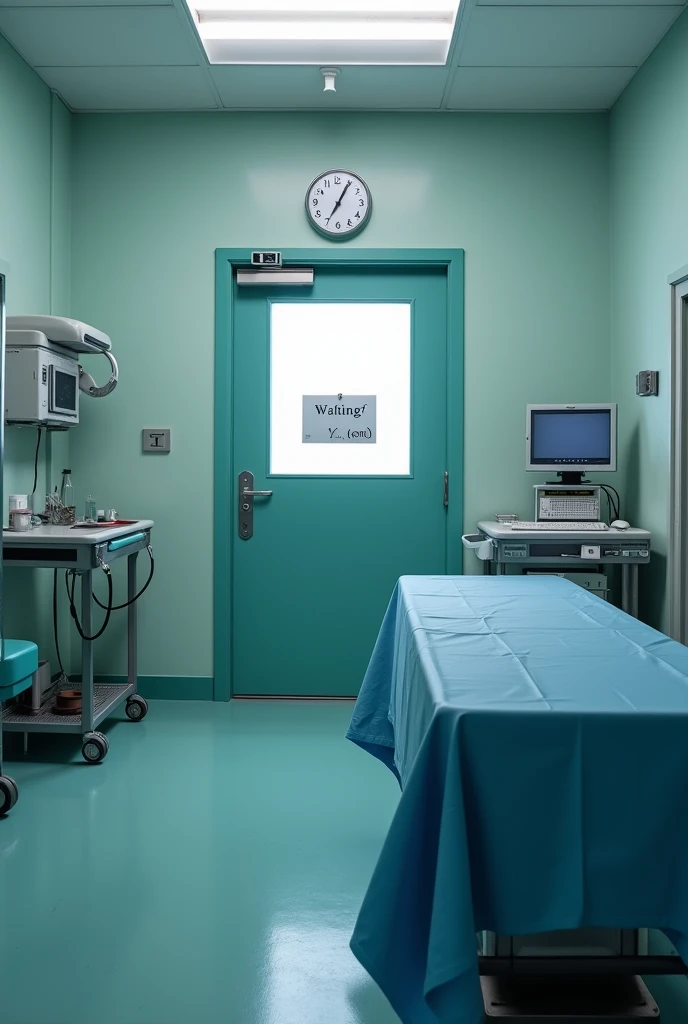 An operating room prepared with all the necessary tools on the table and a sign on the door saying: waiting