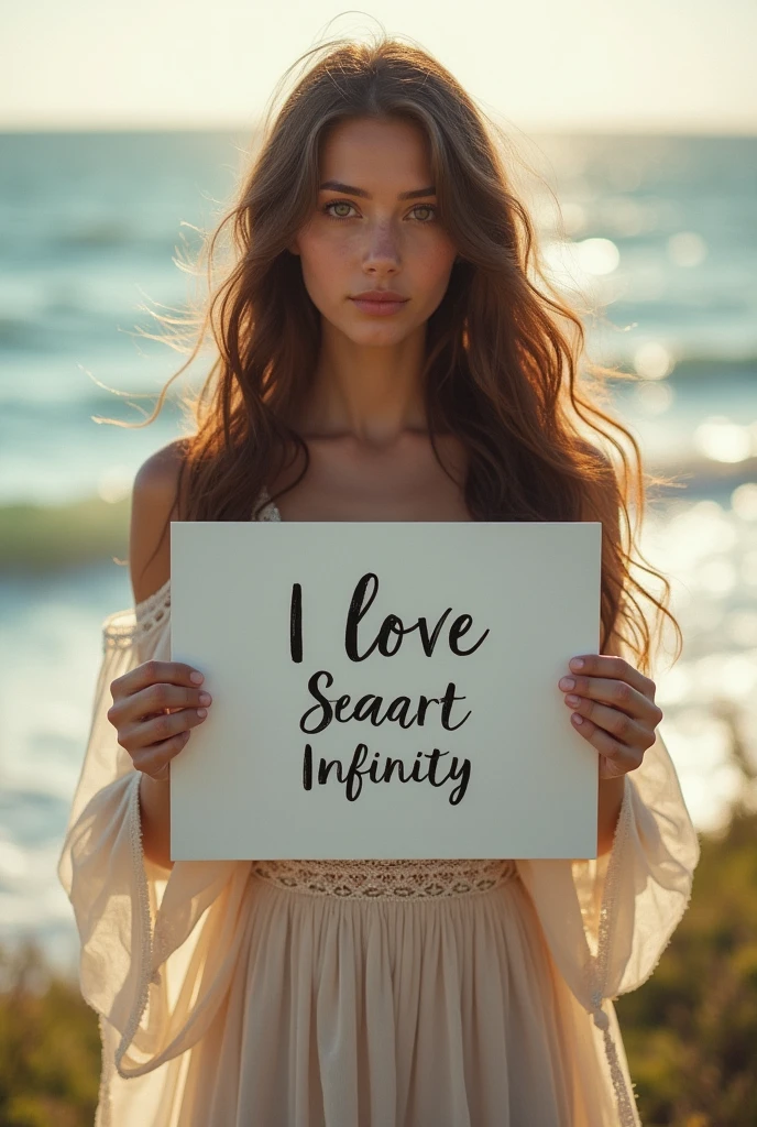 Beautiful girl with wavy long hair, bohemian dress, holding a white board with text "I Love Seaart Infinity" and showing it to the viewer