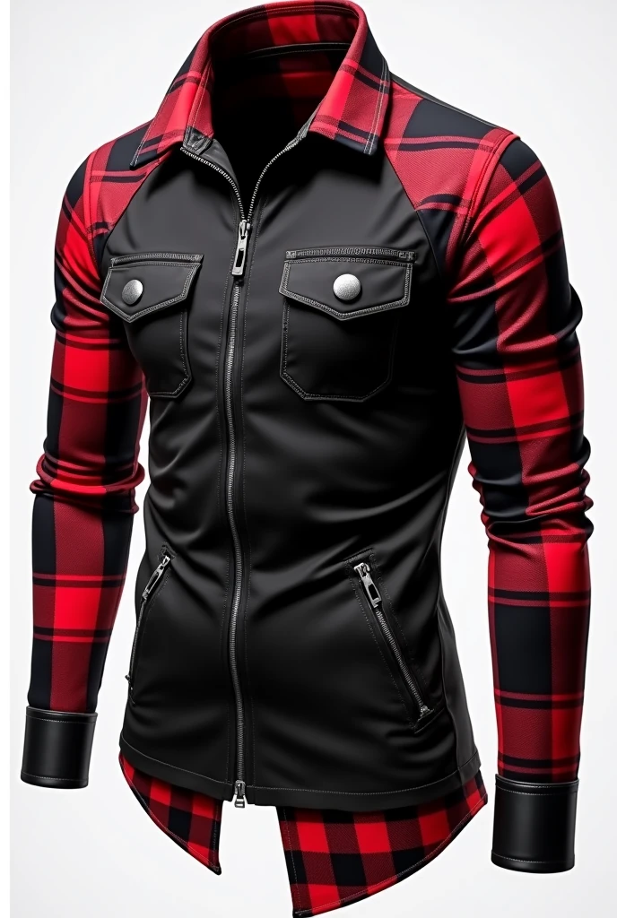 Raglan social shirt, with zipper on top, buttons on the body in the center, open bottom without zipper or buttons, with black shirt body, with long sleeves black and red plaid all over, small beginning of the all black folded sleeve, shirt hem being red and black checkered, large red and black plaid collar, two zippered pockets, One on Each Side, men's fashion