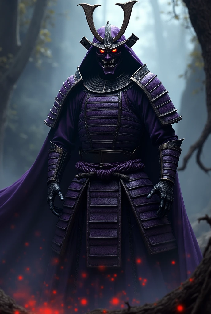 Japanese warrior in dark purple samurai suit and mask with fangs
