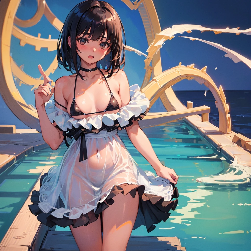 (Highest quality, masterpiece), One girl, Intricate details, Beautifully detailed face, (Minimal Micro Bikini:1.2), See through, View your viewers, Night Pool, blush, Open your mouth, Black Hair, Medium Hair, Blunt bangs, Happy, Are standing, Cowboy Shot,