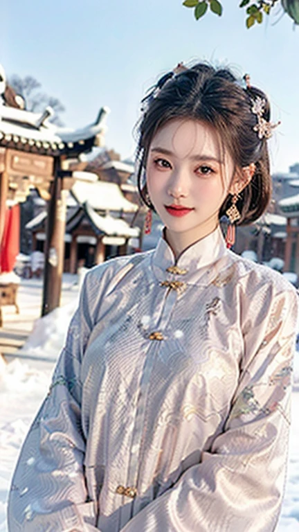 (1 girl, youthful gorgeous Chinese Lady,  brown_eyes, brown_hair, cross_earrings, earrings, jewelry, ancient China, Traditional Hanfu, Pink Hanfu, Hanfu,

Detailed Beautiful， Facial Features, dimples, Kind smile, Red lips, short hair, bob hair, cute ponytail, upper_body, extremely detailed eyes, extremely detailed face, beautiful detailed lips, long eyelashes, arms close together, ears out, golden ratio face, golden ratio body, perfect body anatomy, huge breasts, big breasts, natural pose, random pose, 

(SNOW:1.3),
outdoors,  snow flakes, snow, winter,
(best quality, 4K, 8k, highres, masterpiece:1.2), ultra-detailed, (realistic, photorealistic, photo-realistic:1.37), HDR, uhd, studio lighting, ultra-fine painting, sharp focus, physically-based rendering, extreme detail description, professional, vivid colors, award-winning, bokeh, SFW, Safe for Work)