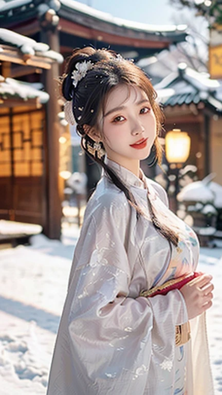 (1 girl, youthful gorgeous Chinese Lady,  brown_eyes, brown_hair, cross_earrings, earrings, jewelry, ancient China, Traditional Hanfu, Pink Hanfu, Hanfu,

Detailed Beautiful， Facial Features, dimples, Kind smile, Red lips, short hair, bob hair, cute ponytail, upper_body, extremely detailed eyes, extremely detailed face, beautiful detailed lips, long eyelashes, arms close together, ears out, golden ratio face, golden ratio body, perfect body anatomy, huge breasts, big breasts, natural pose, random pose, 

(SNOW:1.3),
outdoors,  snow flakes, snow, winter,
(best quality, 4K, 8k, highres, masterpiece:1.2), ultra-detailed, (realistic, photorealistic, photo-realistic:1.37), HDR, uhd, studio lighting, ultra-fine painting, sharp focus, physically-based rendering, extreme detail description, professional, vivid colors, award-winning, bokeh, SFW, Safe for Work)