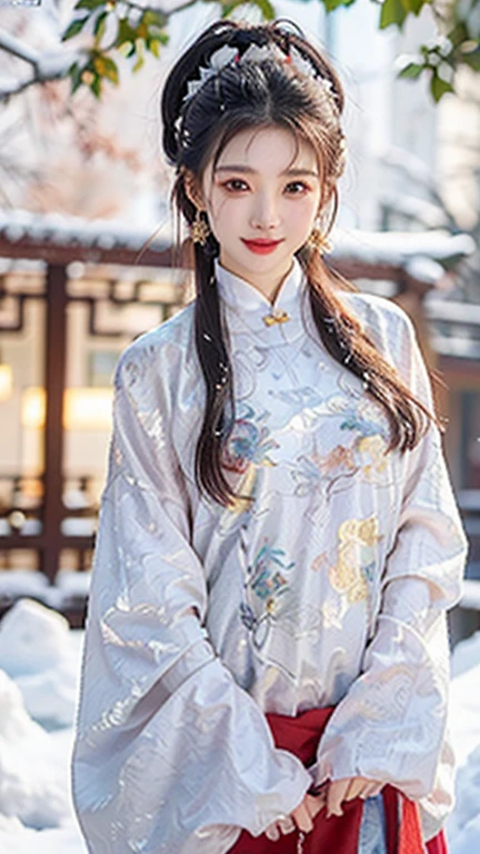 (1 girl, youthful gorgeous Chinese Lady, brown_eyes, brown_hair, cross_earrings, earrings, jewelry, ancient China, Traditional Hanfu, Pink Hanfu, Hanfu,
Detailed Beautiful, Facial Features, dimples, Kind smile, Red lips, short hair, bob hair, cute ponytail, upper_body, extremely detailed eyes, extremely detailed face, beautiful detailed lips, long eyelashes, arms close together, ears out, golden ratio face, golden ratio body, perfect ????????????, huge breasts, big breasts, natural pose, random pose,
(SNOW:1.3),
outdoors, snow flakes, snow, winter,
(best quality, 4K, 8k, highres, masterpiece:1.2), ultra-detailed, (realistic, photorealistic, photo-realistic:1.37), HDR, uhd, studio lighting, ultra-fine painting, sharp focus, physically-based rendering, extreme detail description, professional, vivid colors, award-winning, bokeh, SFW, Safe for Work)