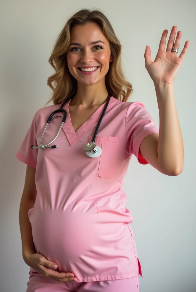 an obstetrician in a cherry uniform waving cheerfully



