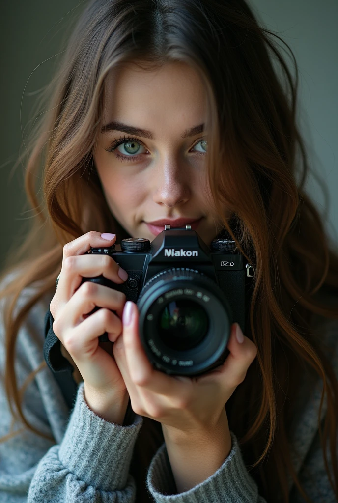 a woman containment a Camera up to her face with a ssmile on her face and a hand on her face,1 girl,standing alone,Camera,looking ahead at viewer,long hair,containment,realisitic,lips,containment Camera,grizzled,greeneyes,Blurry,trunk,Blurry background,toenails,bangss,Cabelo grizzled,parted lips,long sleeves,nase,ssmile, best qualityer,work of art,ultra high resolution, realisitic,real