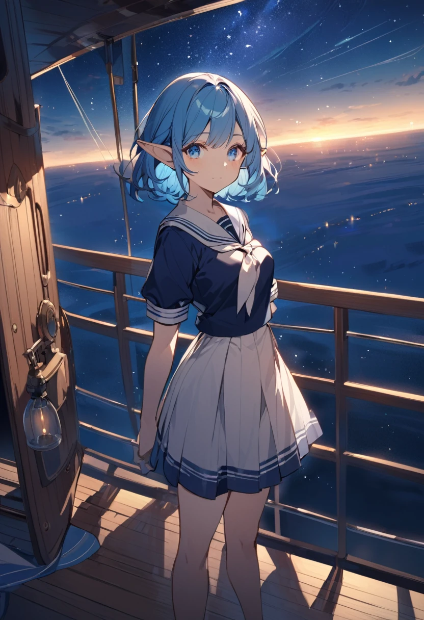 anime elf woman. Blue hair, blue eyes. She is standing on the deck of a ship. There are stars in the beautiful night sky. She is a sailor that is standing on the deck of an airship. She is wearing a modest uniform.