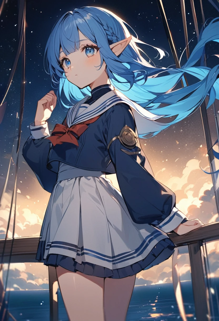 anime elf woman. Blue hair, blue eyes. She is standing on the deck of a ship. There are stars in the beautiful night sky. She is a sailor that is standing on the deck of an airship. She is wearing a modest uniform.