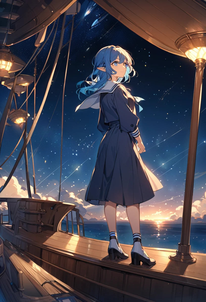 anime elf woman. Blue hair, blue eyes. She is standing on the deck of a ship. There are stars in the beautiful night sky. She is a sailor that is standing on the deck of an airship. She is wearing a modest uniform.