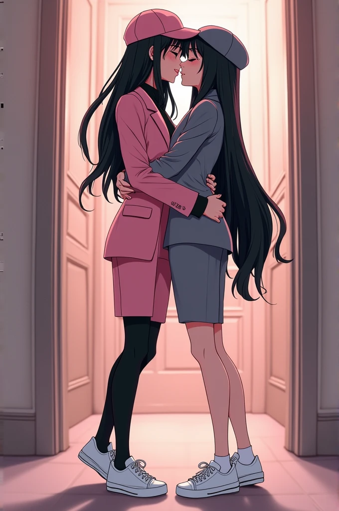 Two womens long black hairs, yuri,
(The first women wear a pink suit, black shirt, pink cap, pink pencil skirt, black tight, white socks, white sneakers)
(The second women were a grey suit, black shirt, grey cap, grey pencil skirt, black tights, white socks white sneakers)
French kiss, lesbian kissing, hugging, sensual body, closed eyes, cartoon novel, 4K, HD