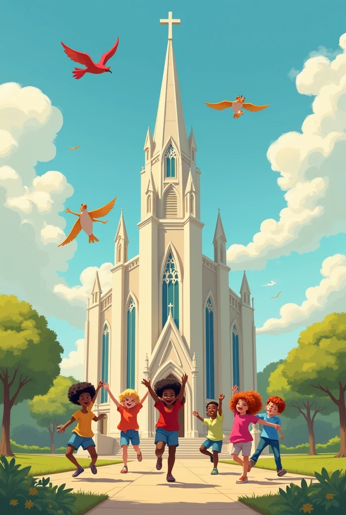 children, black, white, blondes, dark-skinned, redhead in front of The Church of Jesus Christ of Latter-day Saints without a cross playing in the shape of a Disney cartoon