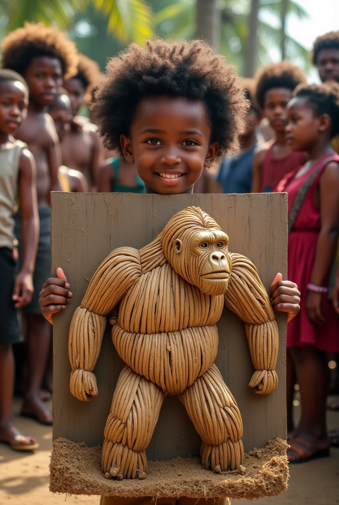Afro boy showing his artwork of a giant gorilla built out of coconut palm leaves and many people watching his work